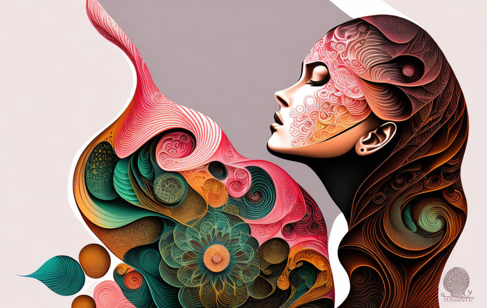 Surreal woman's profile illustration with vibrant swirling patterns