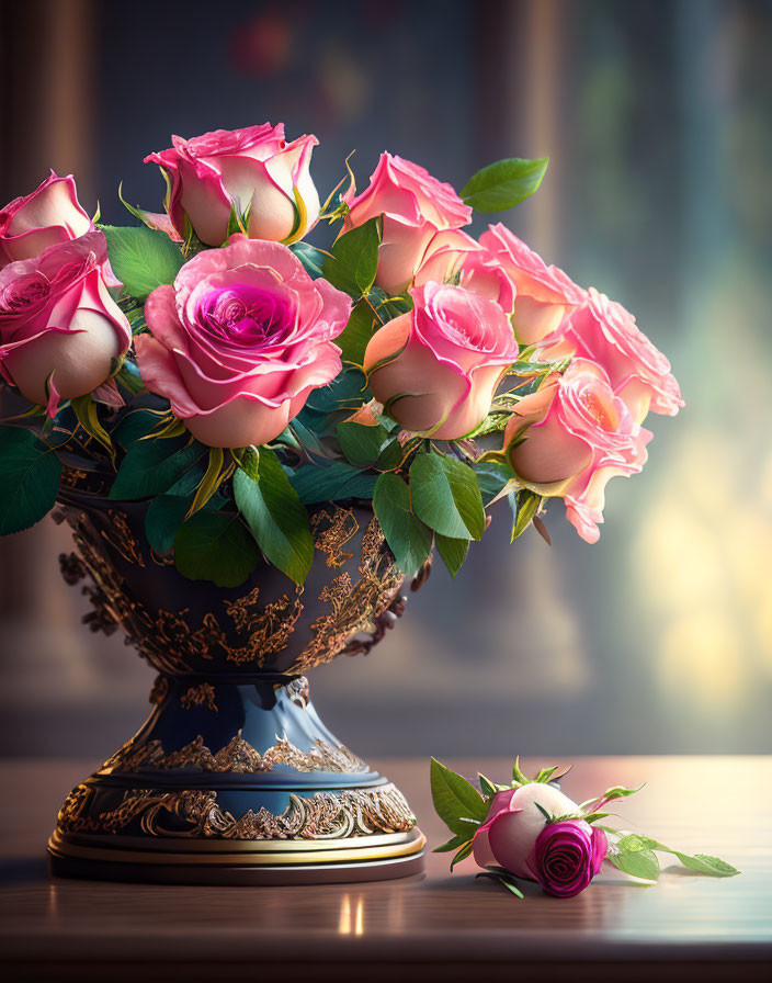 Vibrant pink roses in golden and blue vase on wooden surface