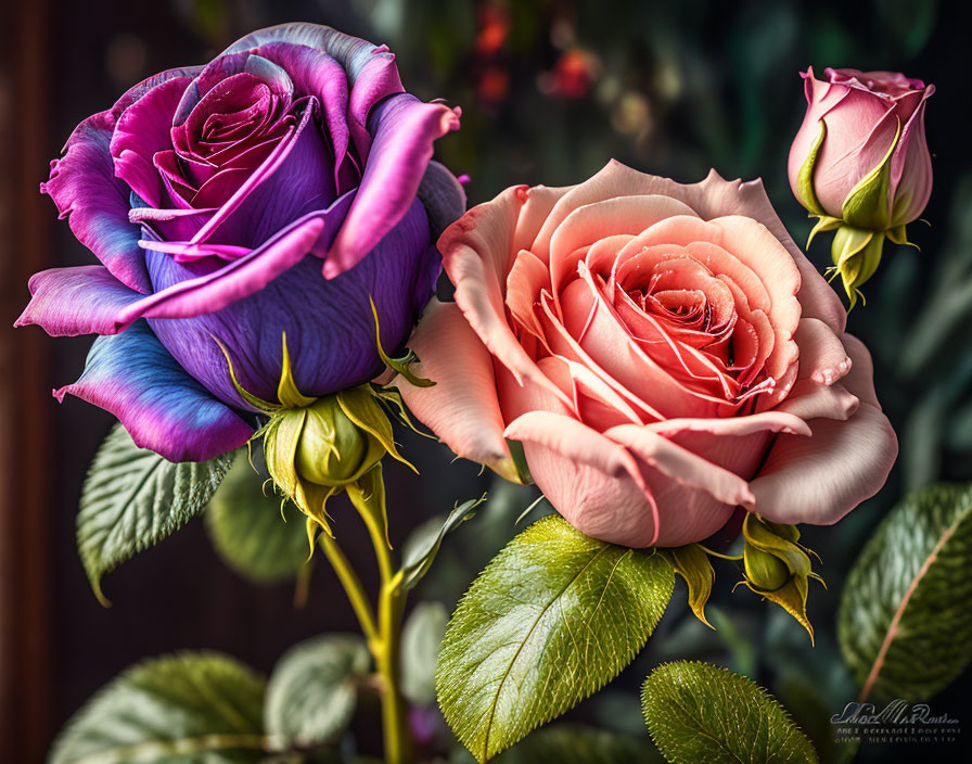 Close-up of vibrant purple and pinkish-orange roses with dewdrops on petals.