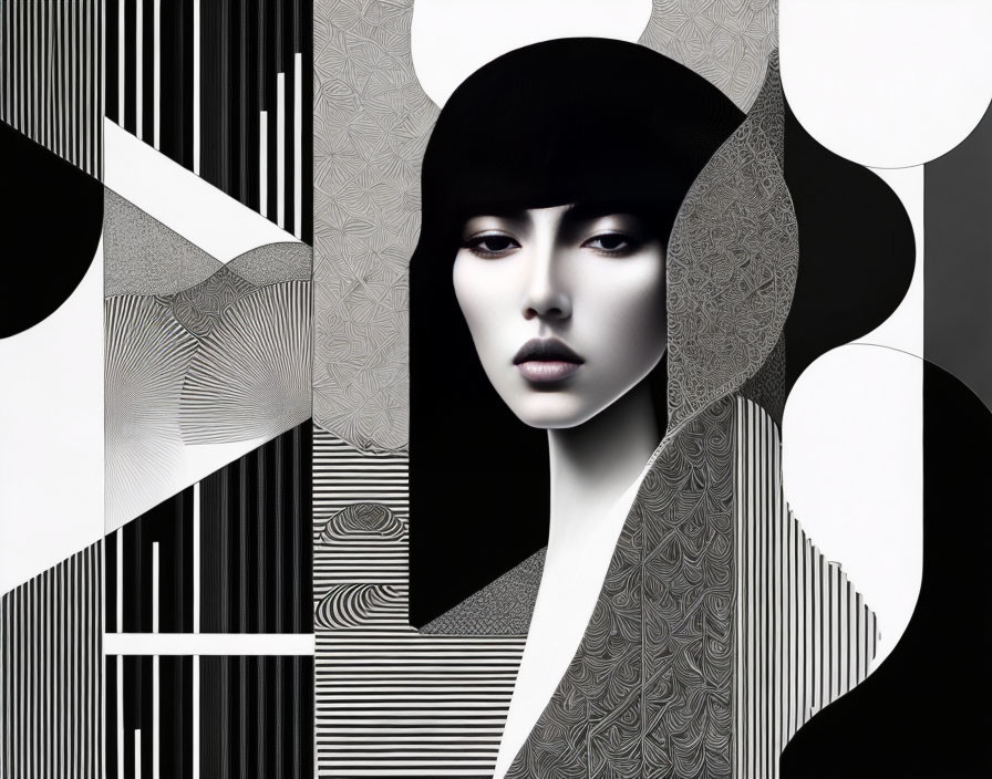 Stylized portrait of woman with bob haircut and geometric patterns