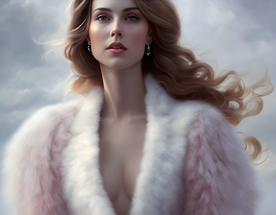 Blonde woman in white fur coat under dramatic sky