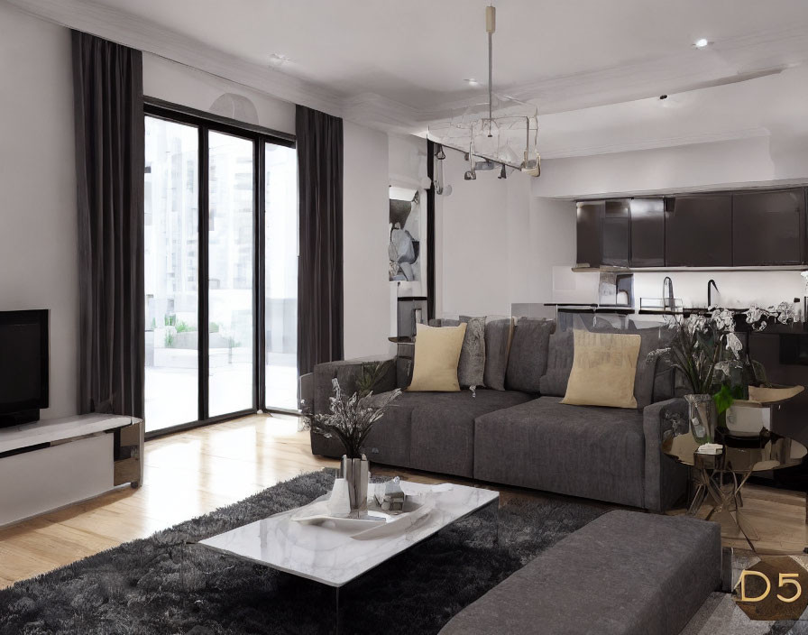 Contemporary Living Room with Gray Sectional Sofa and City Views