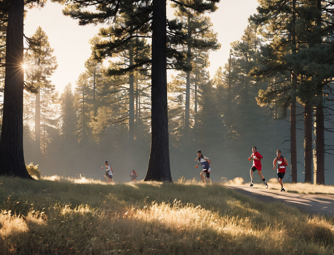 Forest trail runners in early morning sunlight