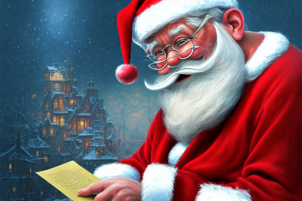 Festive Santa Claus reading letter in snowy night scene