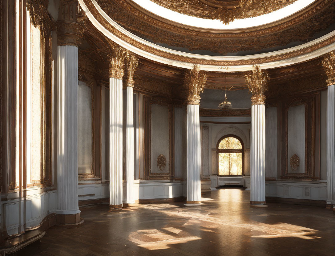 Luxurious Room with Grand Columns and Arched Window Light