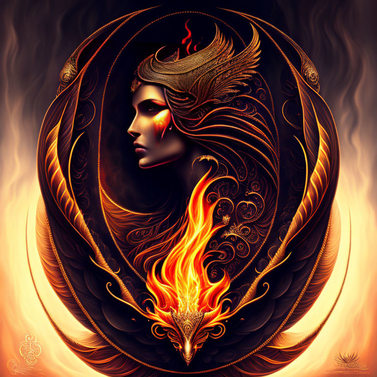 Fantastical portrait of a woman with fiery elements and phoenix motif