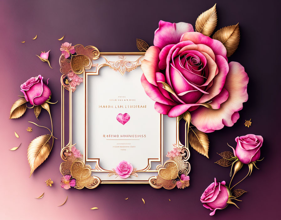 Gold ornate frame and pink roses on purple background invitation card