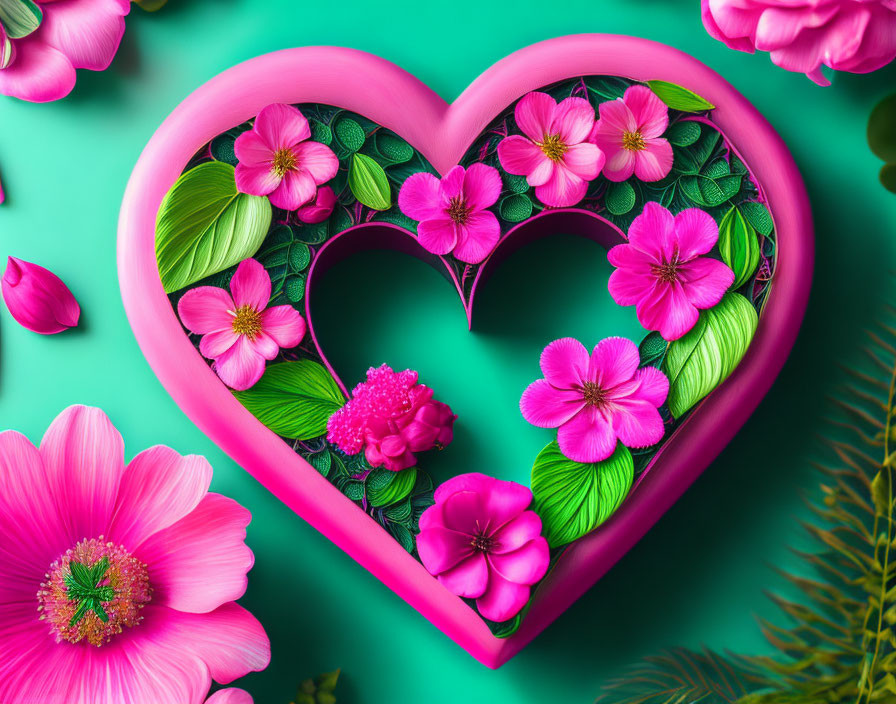 Pink heart-shaped frame with intricate inner heart, pink flowers, and teal background.