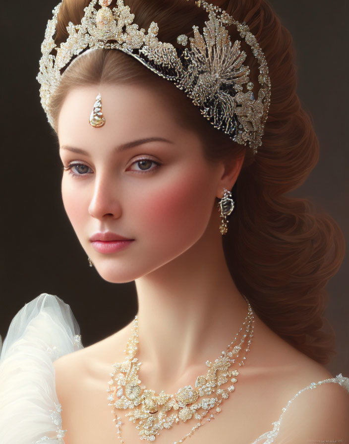 Woman portrait with ornate crown, teardrop earrings, detailed necklace, subtle smile, and brown