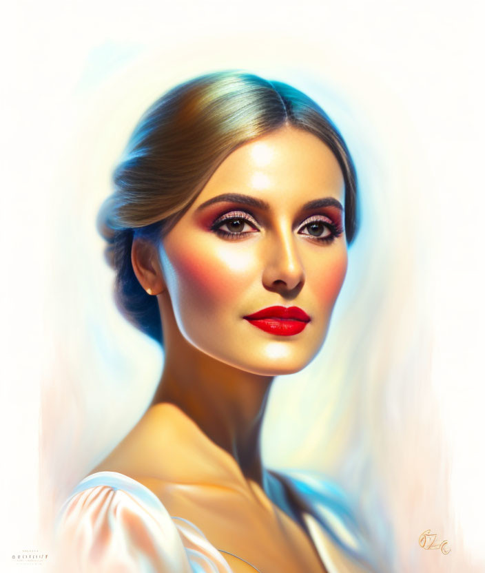 Digital portrait of a woman with glowing skin and bold red lips against soft background