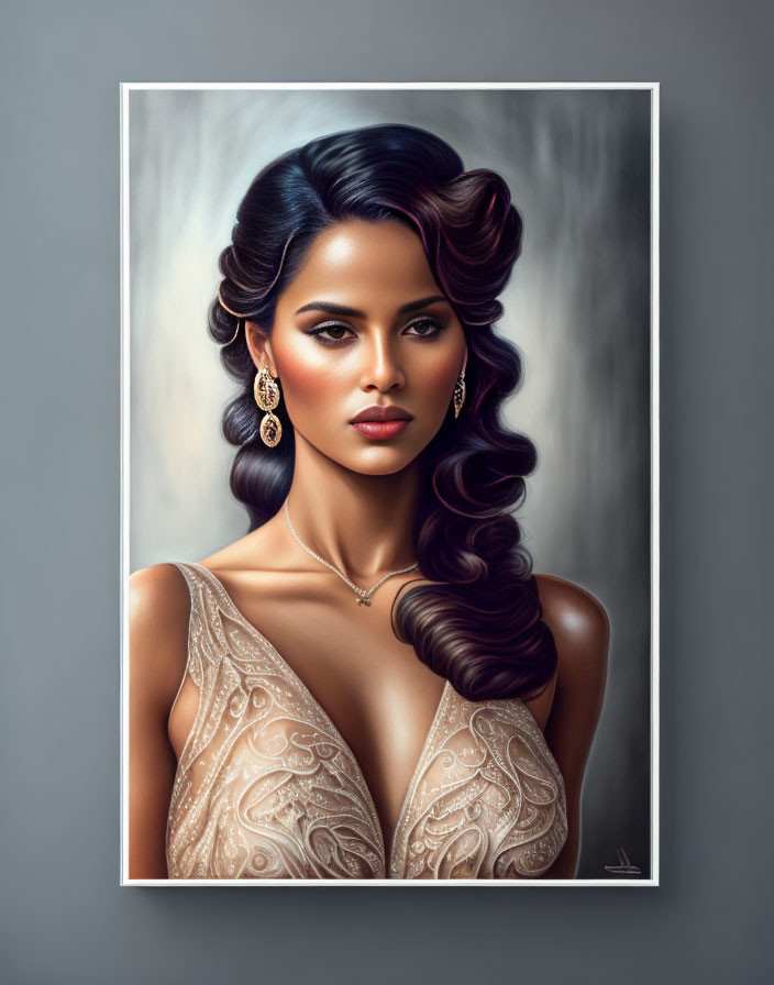 Woman with Elegant Wavy Hair in Beaded Gown & Earrings