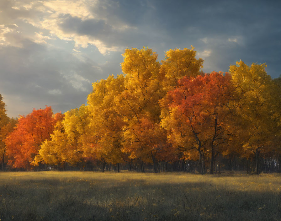 Vibrant autumn trees with orange and yellow leaves under dramatic sky