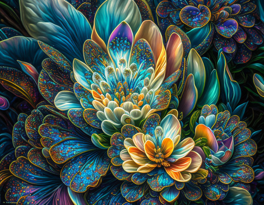 Colorful fractal art: blossoming flowers, intricate patterns, luminous colors