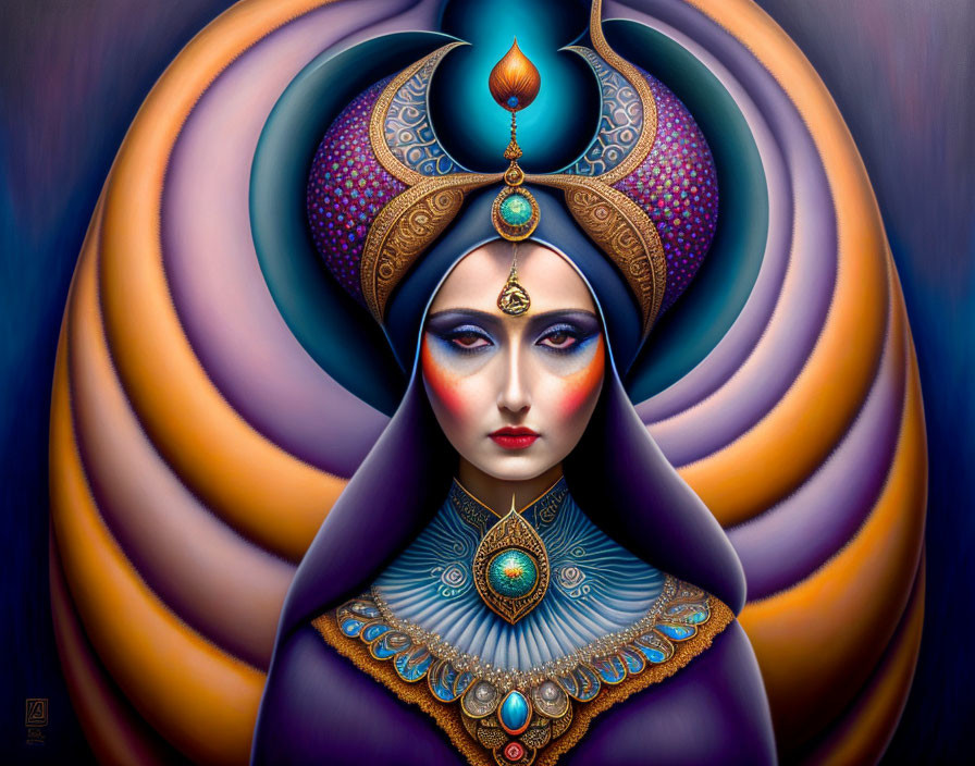 Serene woman portrait with ornate headdress and jewelry on swirling blue and purple background