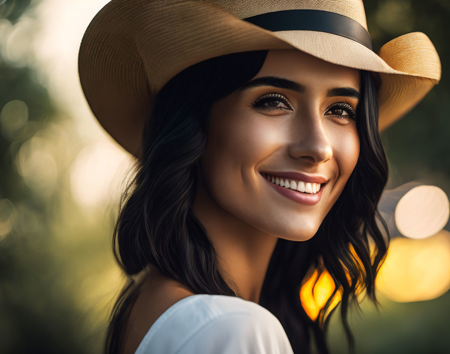 Smiling woman with dark hair in wide-brimmed hat outdoors