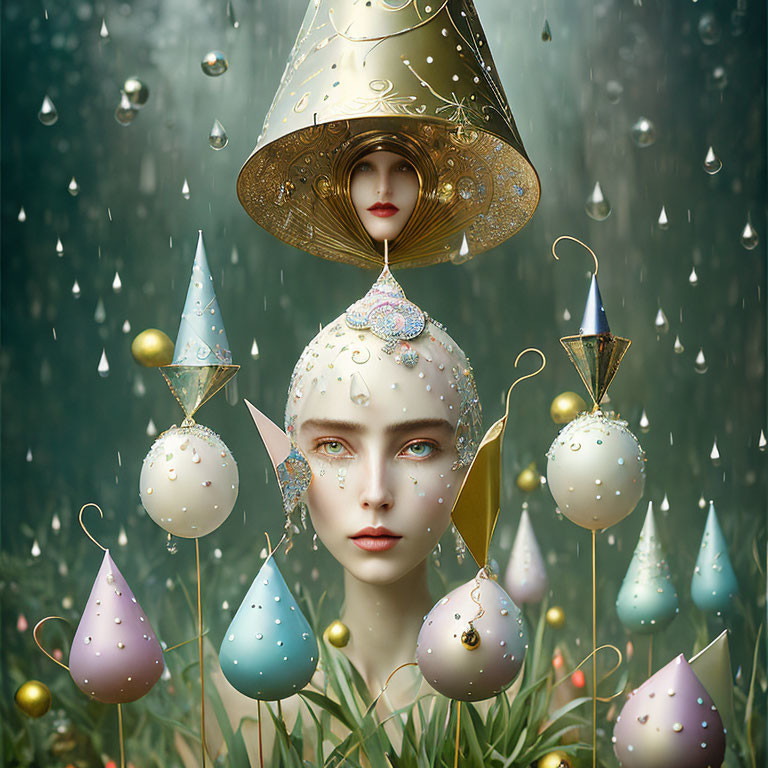 Surreal portrait of woman with conical hat, orbs, cones, raindrops on green background