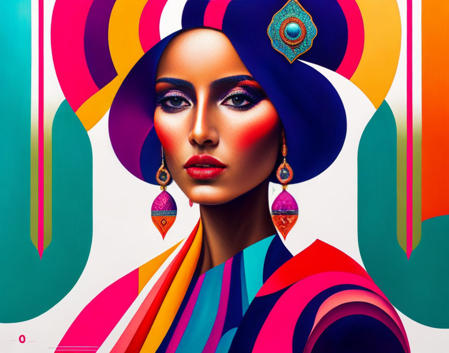 Vibrant digital artwork: Woman with bold makeup, geometric patterns, and colorful psychedelic background