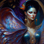 Mystical female figure with vibrant wings and gold armor on dark background