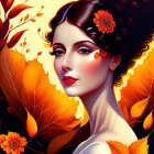 Stylized portrait of woman with bold makeup and graphic orange & black design