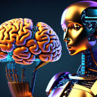 Detailed 3D illustration of humanoid robot with visible brain in cybernetic head and body