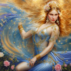 Fantastical illustration of a woman with golden hair and blue dress among roses