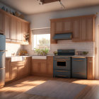 Sunlit Kitchen with Wooden Cabinets and Blue Appliances