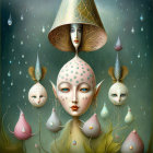 Surreal portrait of woman with conical hat, orbs, cones, raindrops on green background