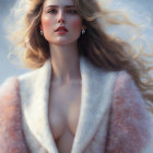 Blonde woman in white fur coat under dramatic sky