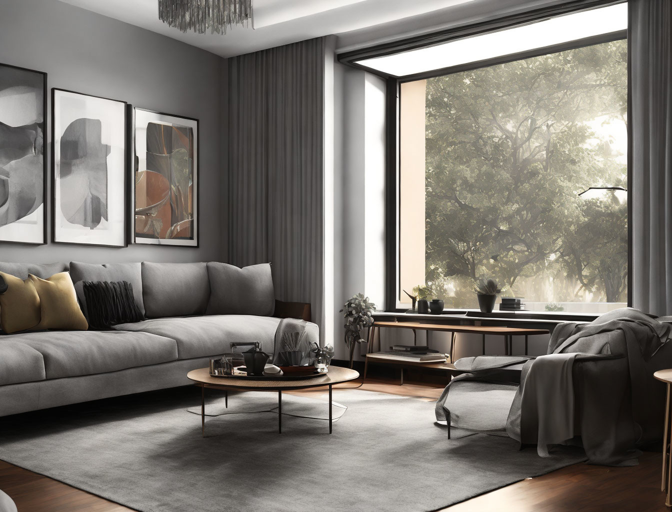 Contemporary living room with grey sofa, round coffee table, large window, monochrome art, and