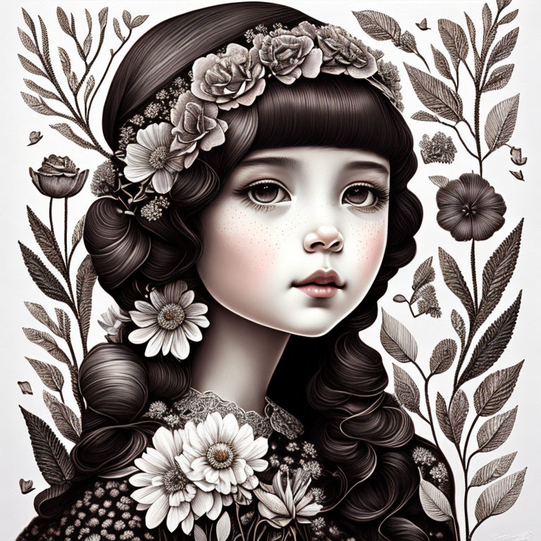 Monochrome floral illustration of a girl with dark hair and flowers