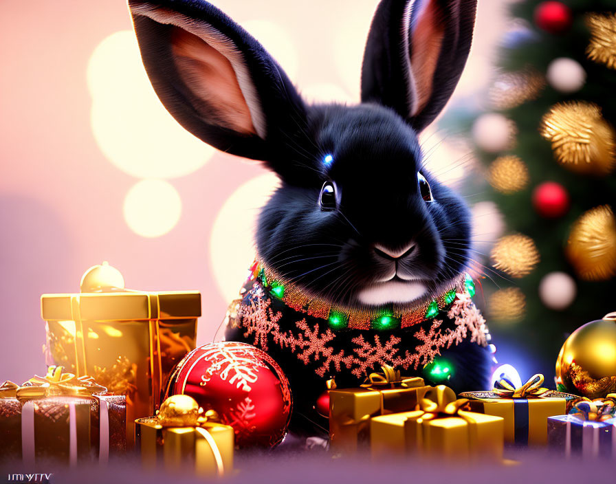 Festive black rabbit in Christmas sweater with gifts and tree