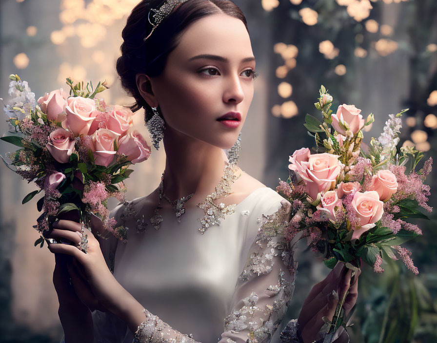 Bridal woman with pink rose bouquets in serene setting