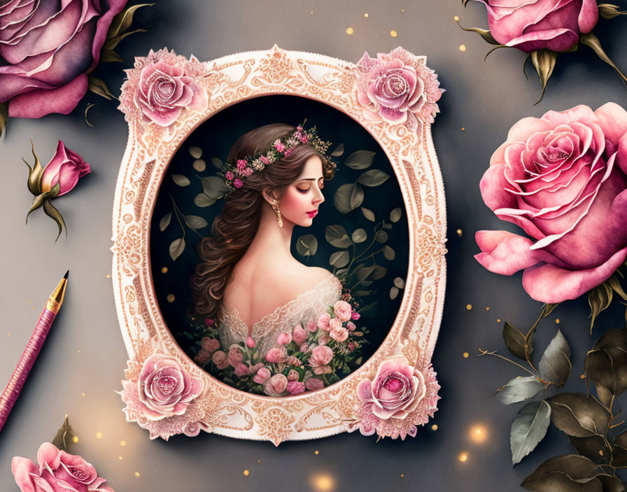 Detailed illustration of woman with flower crown in ornate frame and pink roses, exuding romantic and fantasy