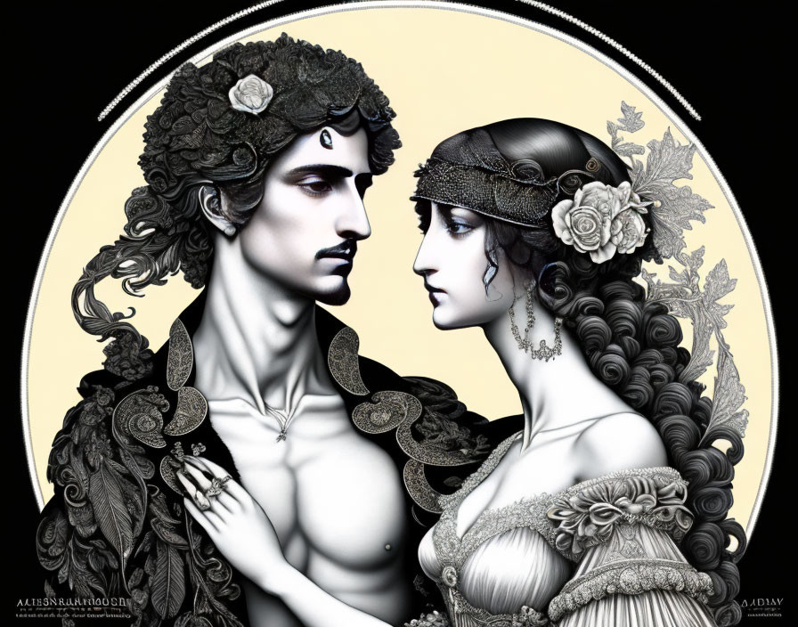 Intricate grayscale portrait of man and woman in period clothing