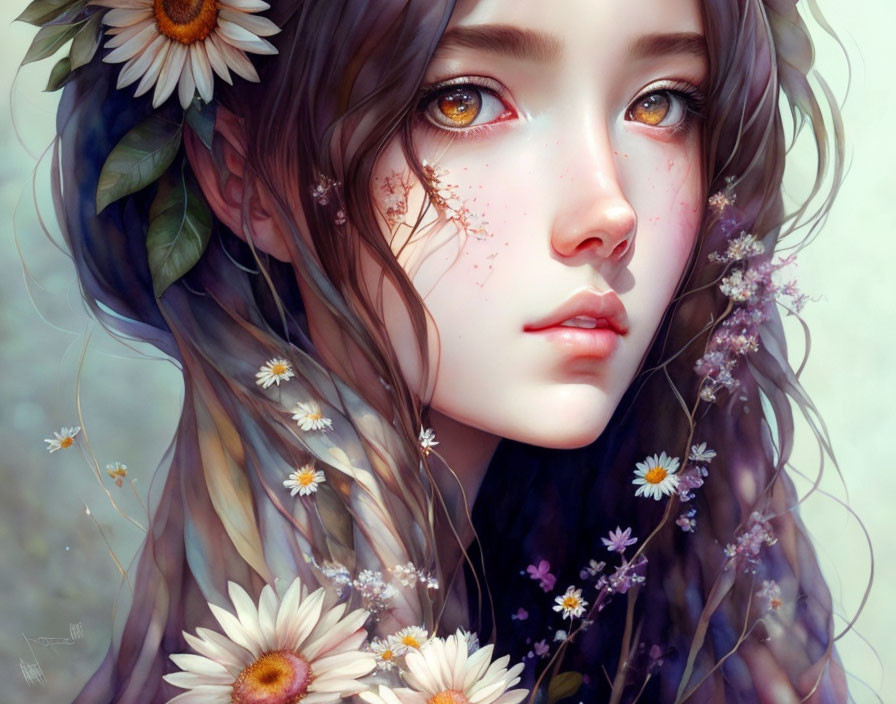 Digital artwork: Girl with amber eyes, floral hair adornments