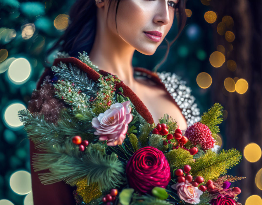 Festive bouquet with pine, red berries, roses, and twinkling lights