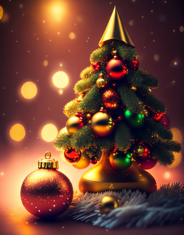 Colorful baubles adorn decorative Christmas tree on bokeh light background