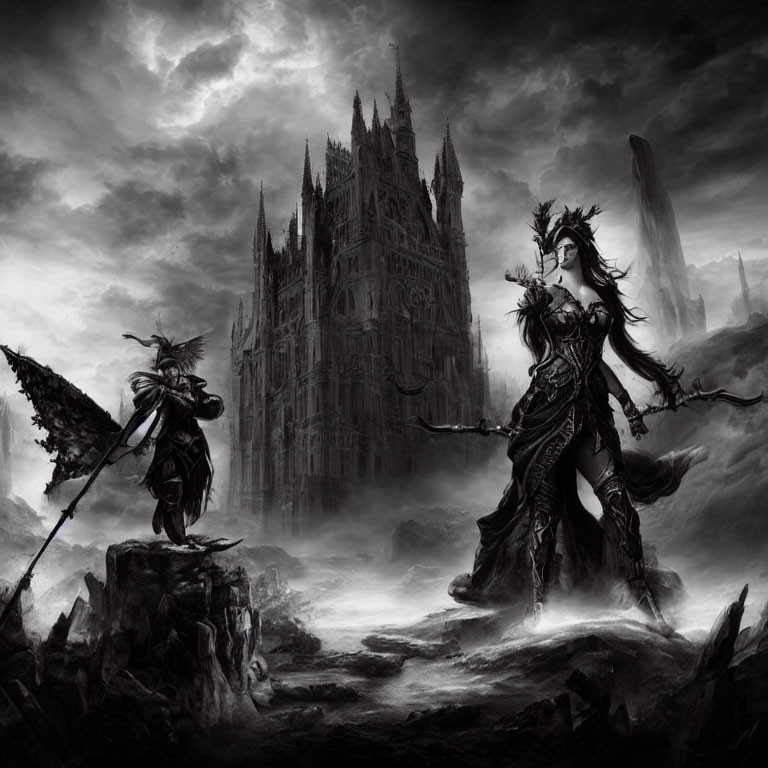 Armored warrior and winged sorceress in gothic fantasy scene.