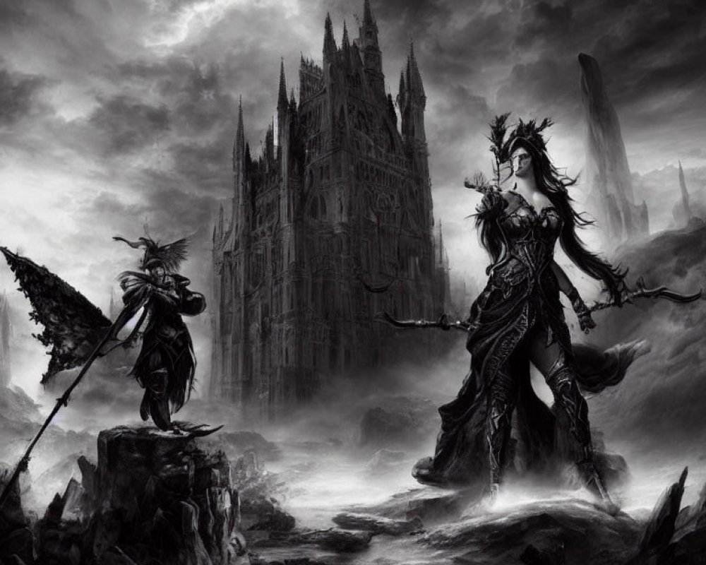 Armored warrior and winged sorceress in gothic fantasy scene.