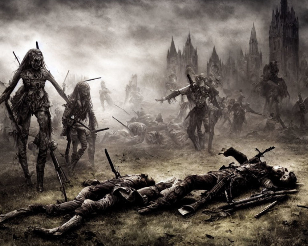 Eerie battlefield scene with skeletal warriors and fortress.