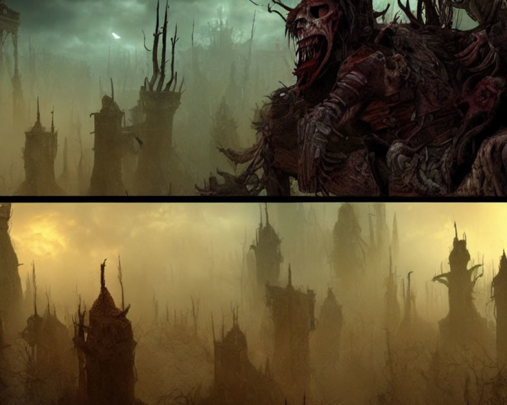 Dark Fantasy Diptych: Foreboding Landscape, Towering Spires, Monstrous Creature