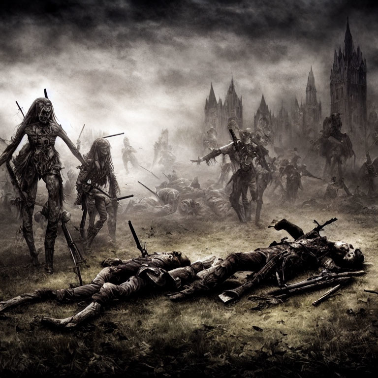 Eerie battlefield scene with skeletal warriors and fortress.