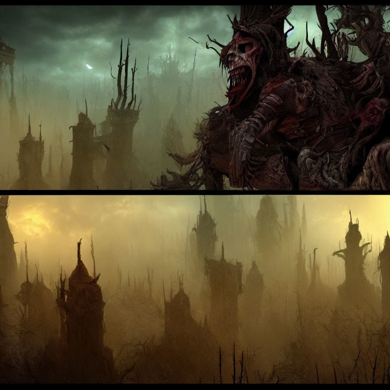 Dark Fantasy Diptych: Foreboding Landscape, Towering Spires, Monstrous Creature