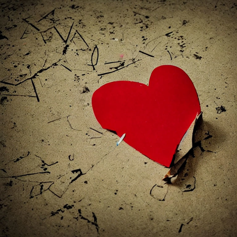 Red Paper Heart on Gritty Surface with Pencil Shavings