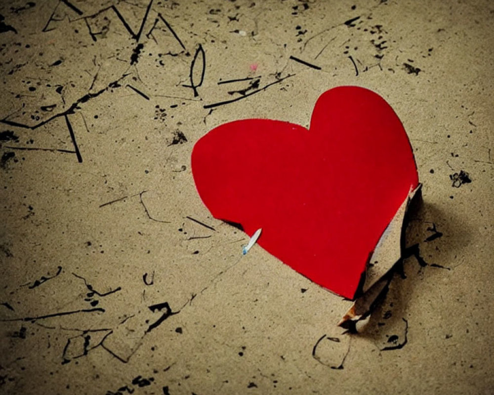 Red Paper Heart on Gritty Surface with Pencil Shavings