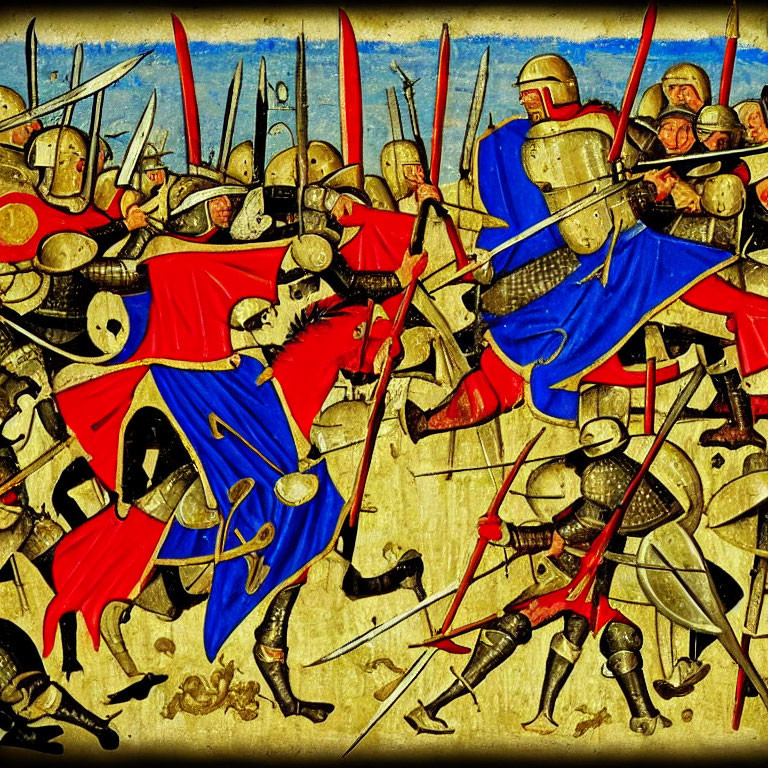 Armored knights in medieval battle with lances and swords under yellow sky