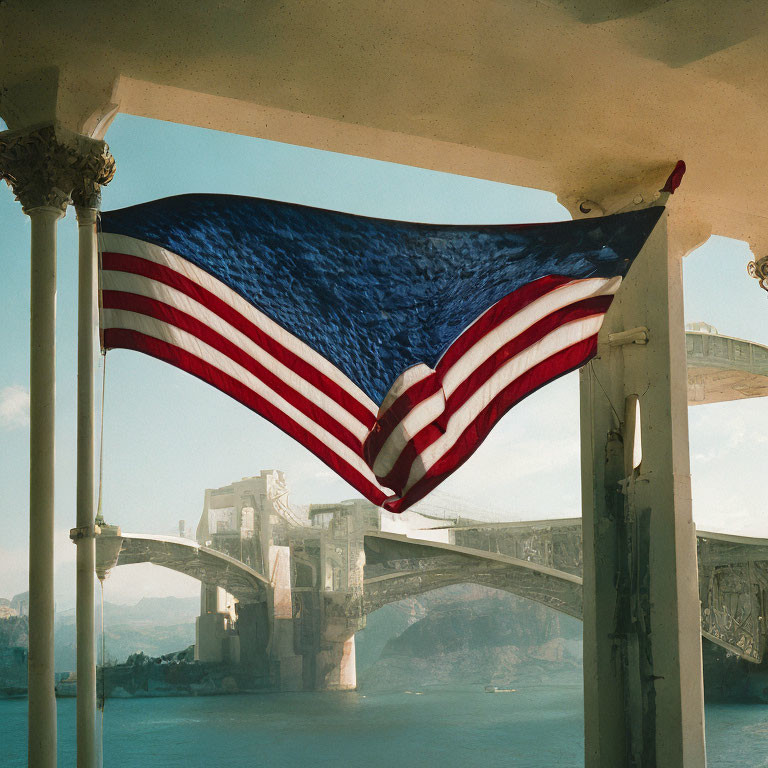 Classic balcony with American flag overlooking bridge and waterway