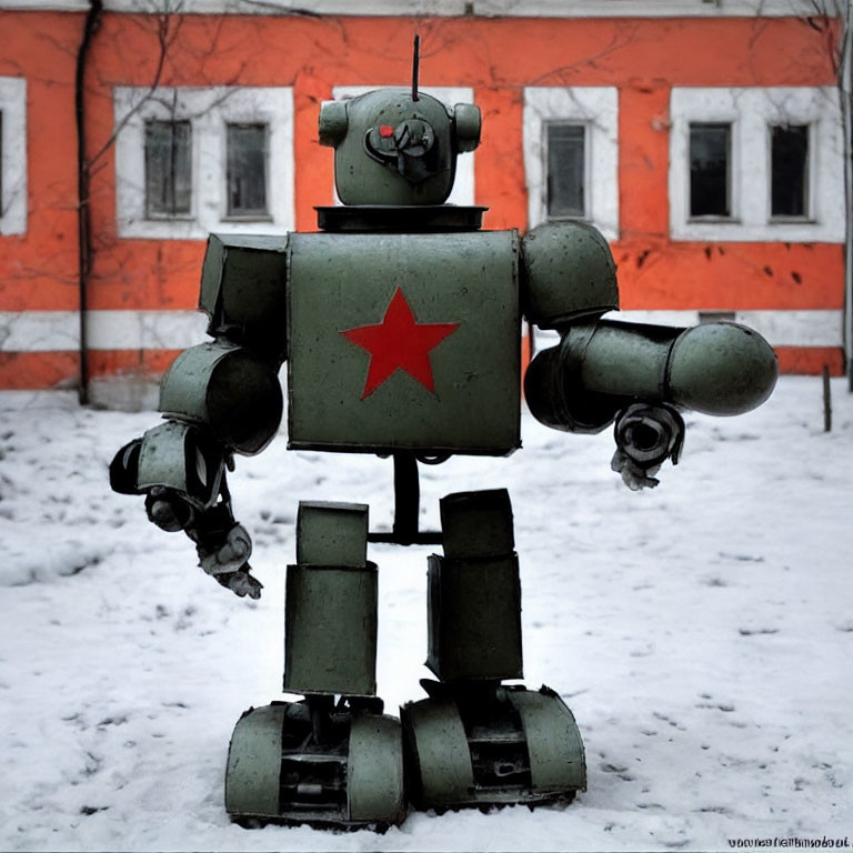 Stylized robot with red star in snow with orange building