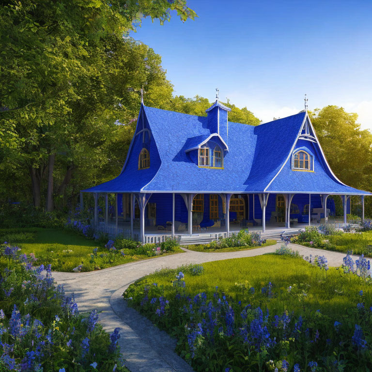 Charming blue cottage in lush greenery with ornate roofs