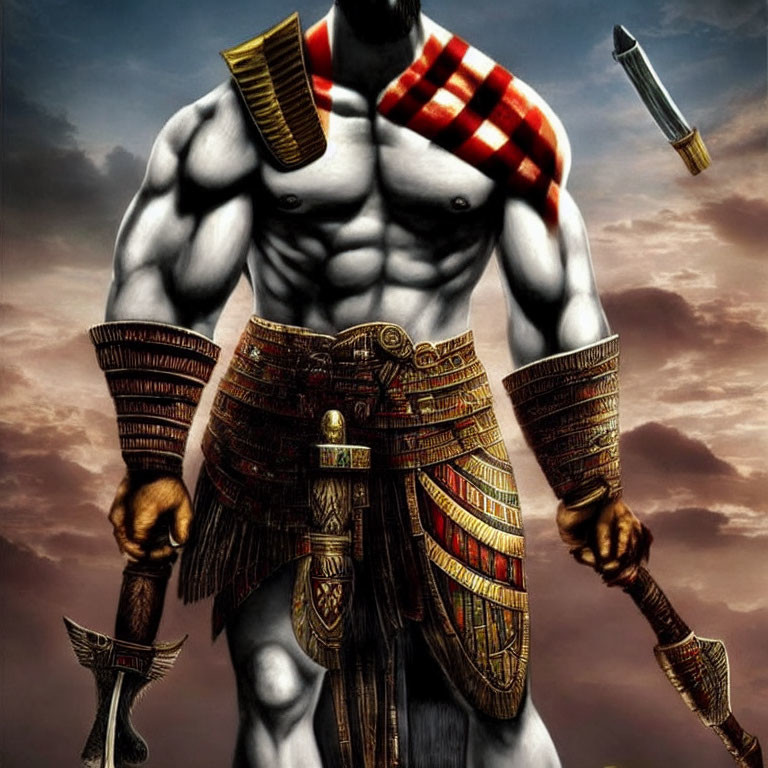 Muscular male warrior in ancient attire with axes against cloudy sky.